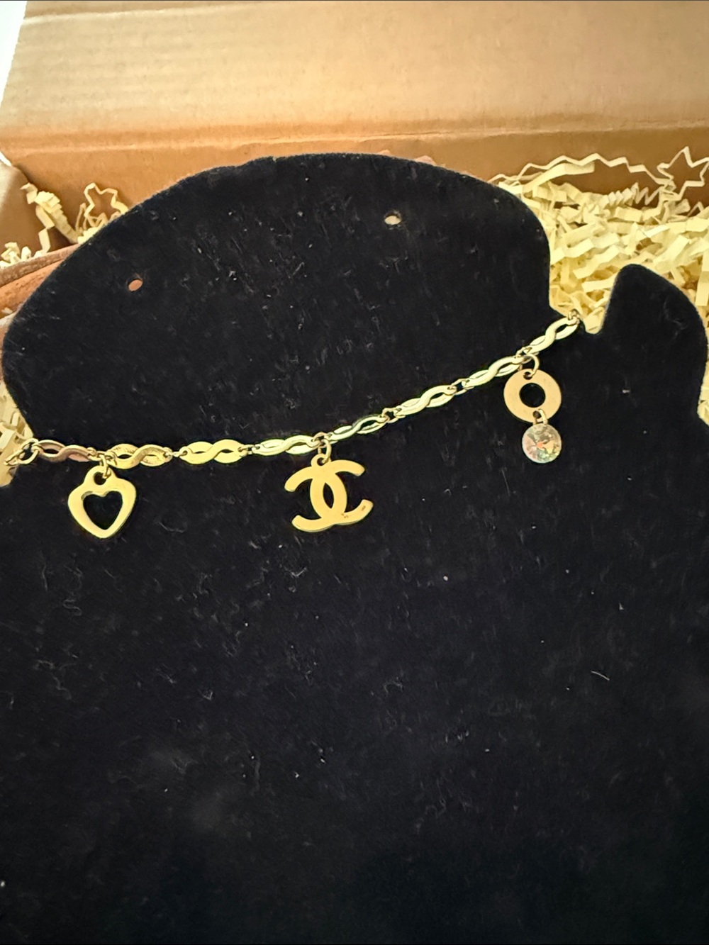 Fashion Jewelry Gold-Tone Charm Bracelet with Heart, Logo & Crystal